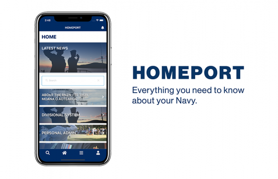 The new HomePort app displayed on a phone screen. HomePort replicates the detailed information contained in the Navy Divisional Handbook and makes it available as a downloadable app that sailors and officers can access 24 hours a day.