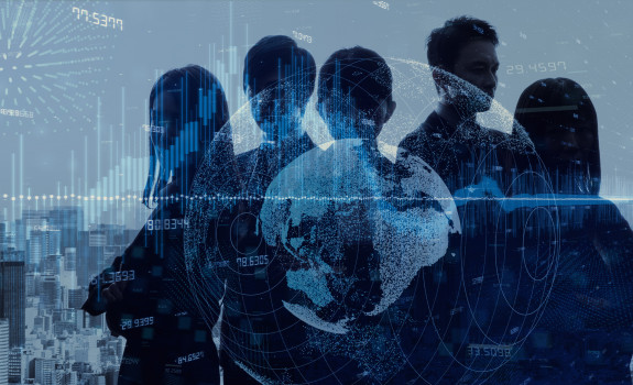 Graphic of five silhouettes of people that is a mix of light and dark blue. In the background, there is a city and over top of the people a globe and numbers. The image represents 'intelligence'