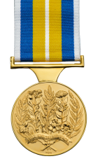 A gold coloured medal hung on a white, blue and yellow striped ribbon. The medal is embossed with the reverse pattern which is Ukrainian flora inside a wreath with a ribbon device carrying the words "For Special Service". The stripe pattern on the ribbon 