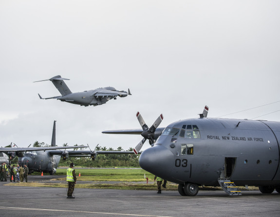 A RNZAF C-130 Hercules, FANC CASA, RAAF C-130J Hercules and C-17 aircraft at Nausori Airport. 