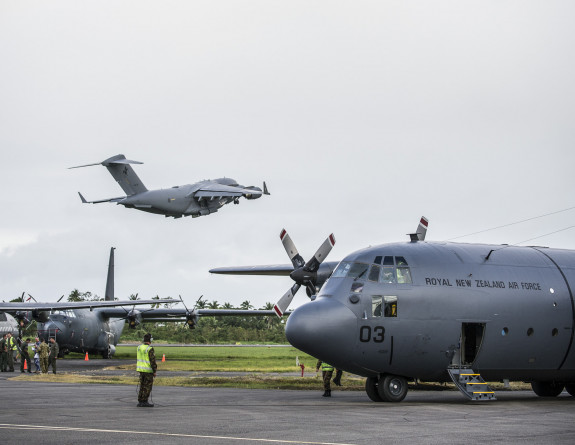 A RNZAF C-130 Hercules, FANC CASA, RAAF C-130J Hercules and C-17 aircraft at Nausori Airport.