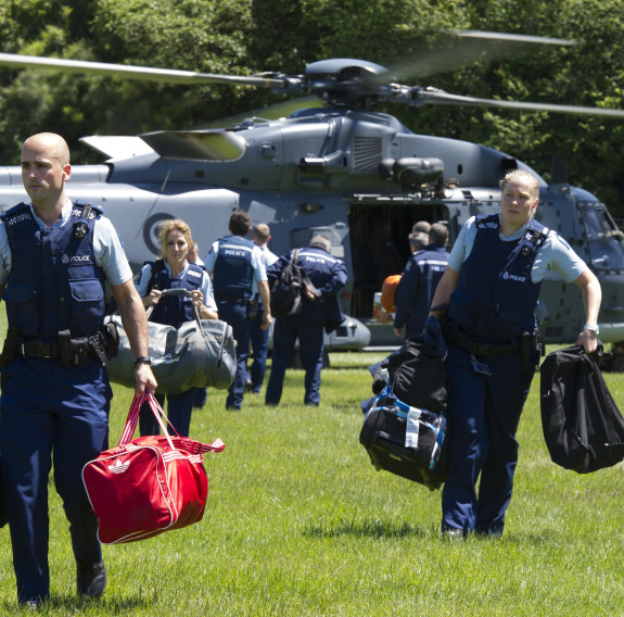 An Air Force NH90 Helicopter arrive in Kaikoura with Police and supplies following an earthquake on 14 Nov 16.