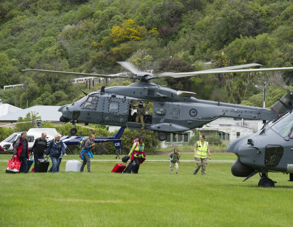 NH90 Helicopters arrive in Kaikoura to start evacuating people out of the town following an earthquake on 14 Nov 16.
