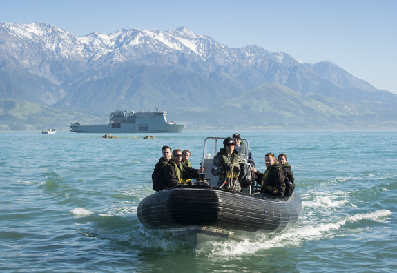 Austalian sailors arriving on shore from HMAS Darwin to help with the clean up in Kaikoura. 