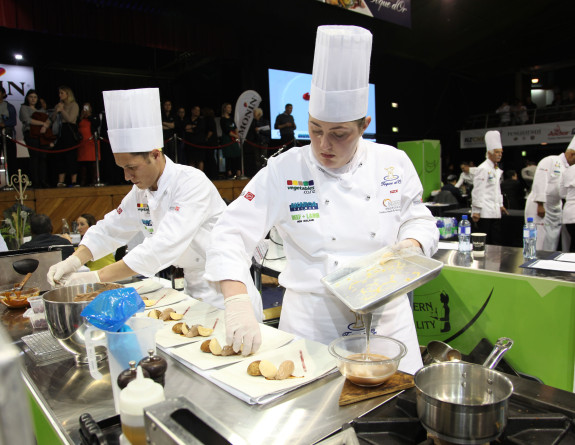Chefs and stewards compete in the Toque d'Or culinary competition at the Logan Campbell Centre in Auckland