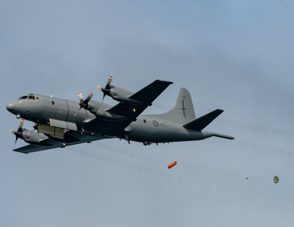 A P-3K2 Orion aircraft practising Search and Rescue in the Hauraki Gulf