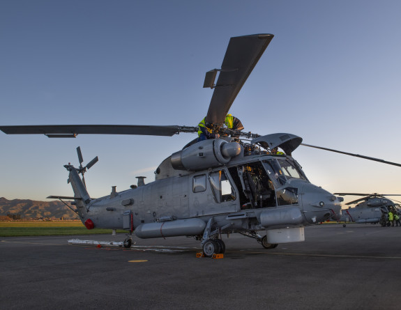 Seasprite helicopters on the flight-line at Base Woodbourne. 