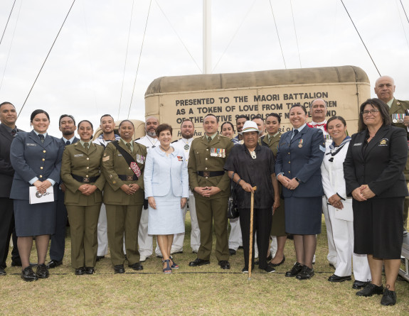 The New Zealand Defence force Māori Cultural Group with Dame Patsy Reddy at the 2020 Waitangi commemorations. 