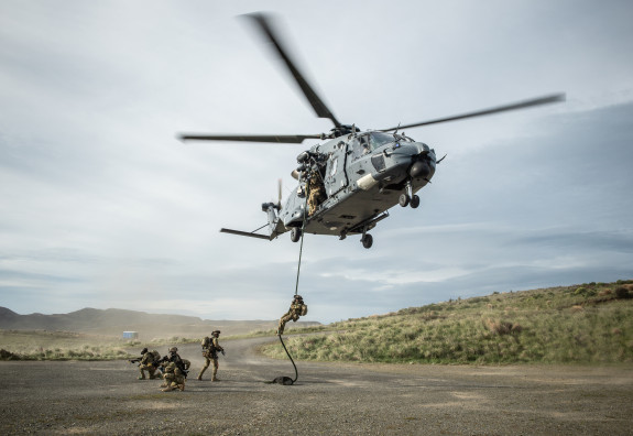 Soldiers rappel from an NH90 helicopter in the Tekapo Military Training Area