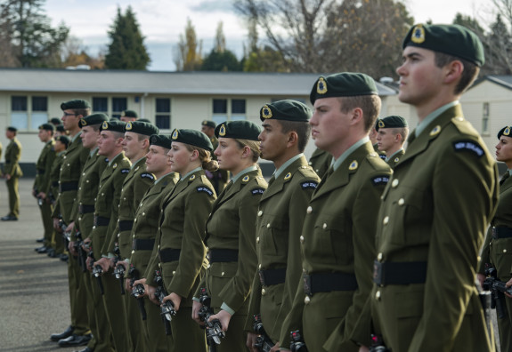 New Zealand Army recruits in a line ready to be reviewed at a graduation