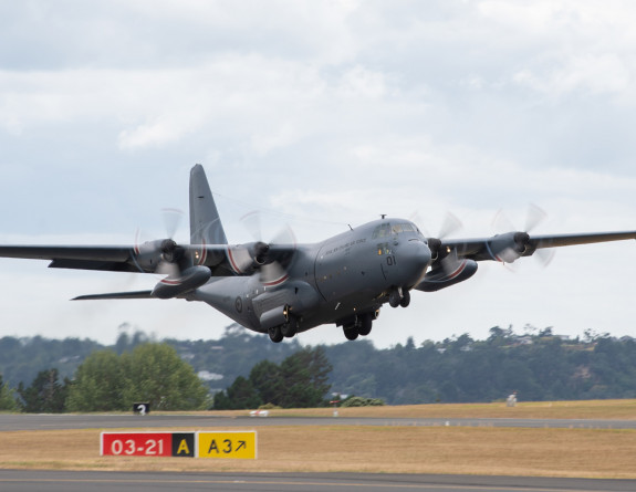 An RNZAF Hercules aircraft deploys from Base Auckland on the first flight to Tonga after the eruption