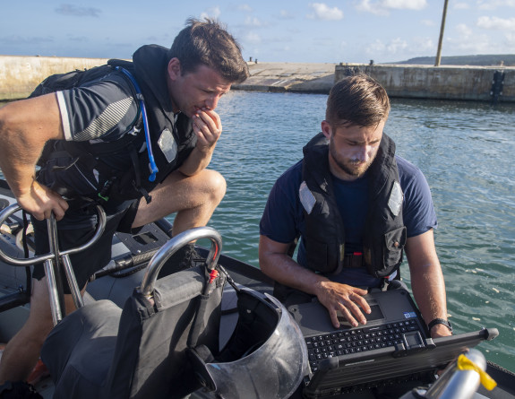 Navy teams from HMNZS Wellington carry out survey tasks in the vicinity of Nafanua Harbour, ‘Eua Island