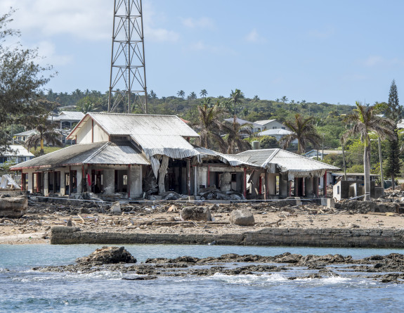 HMNZS Wellington sends survey teams to 'Eua Island to access the harbour and jetty. Buildings on the shoreline suffered extensive damage and destruction.