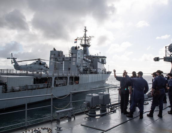 HMNZS Aotearoa farewells HMNZS Wellington from the wharf at Nuku'alofa as they head off to provide support to other islands in Tonga after a volcanic eruption severely damaged the islands of Tonga.