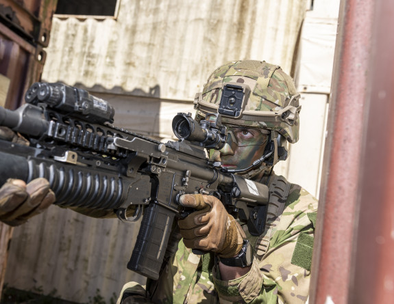 Private George Engleback during urban drills on Ex Foxhound 2