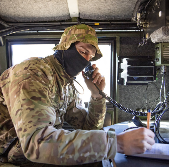 The students communicated with simulated aircraft from inside the Pinzgauer