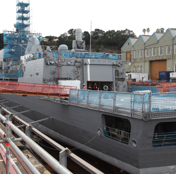 HMNZS Te Kaha in the Calliope Dry Dock at Devonport Naval Base.