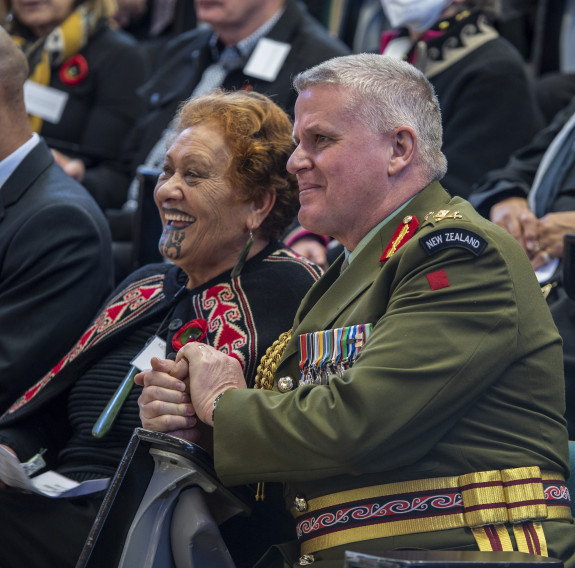 Kathy Stewart, mother of Private David Stewart, with Chief of Army Major General John Boswell at the dedication ceremony for the David Stewart NZBM Theatrette at Linton Military Camp.