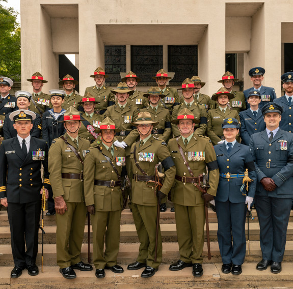 The New Zealand Defence Force contingent marched as part the official farewell to her Majesty Queen Elizabeth II in London. Group photo with everyone standing on the stairs looking towards camera. 