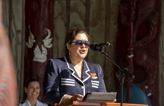 Dame Cindy Kiro speaks at Te Taua Moana Marae, during her official welcome to Devonport Naval Base.