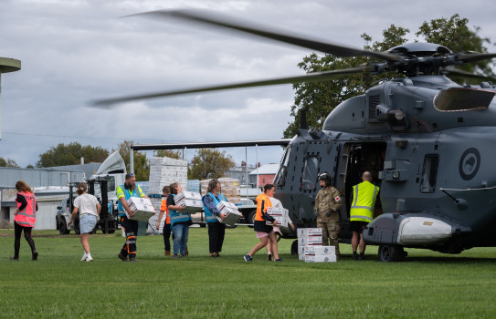 An NH90 helicopter provides support after Tropical Cyclone Gabrielle crashed parts of Aotearoa New Zealand. 