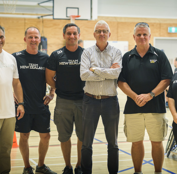 WO1 Wiremu Moffatt (SMA), LTCOL Greg Josephs (NZ team sponsorship manager), WO team rep WO Lance Graham, Jules Fulton (Fulton Hogan), MAJGEN John Boswell (head of mission), CDR Julie Fitzell (team manager)