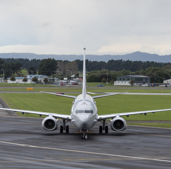 A nose-on view from an elevated position of the new P-8A Poseidon.