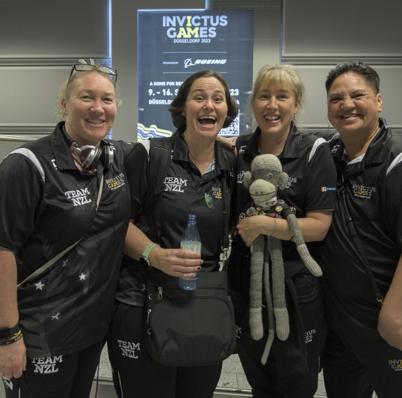 Left to Right, Staff Sergeant Melissa Hansen, Flight Sergeant Stacey Adam, Staff Sergeant Daphne Pringle and ACWS Paulette Doctor, pictured with ‘Patches’ - made from the socks of a member of the team who passed away