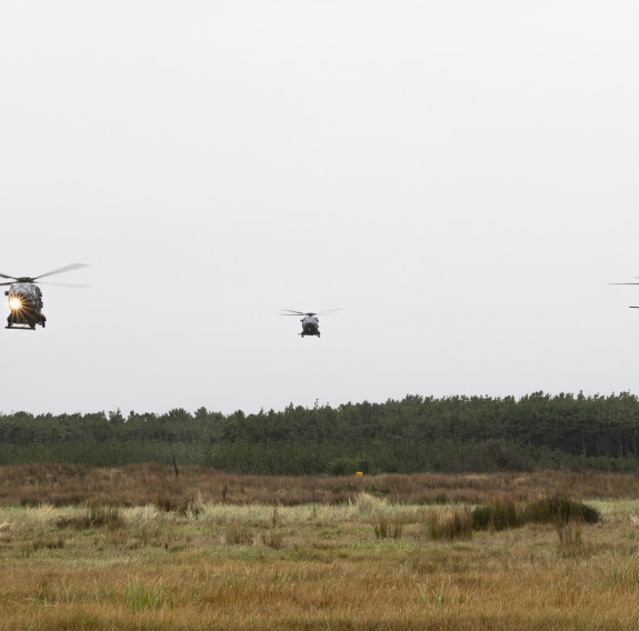 Three NH90 helicopters fly towards the camera, heading to an empty paddock in the foreground. In the background is a forest to the horizon under grey clouds.