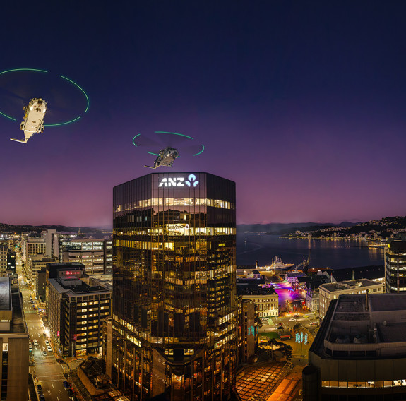 NH90 helicopter urban night flying training with NZ Police above Wellington CBD.