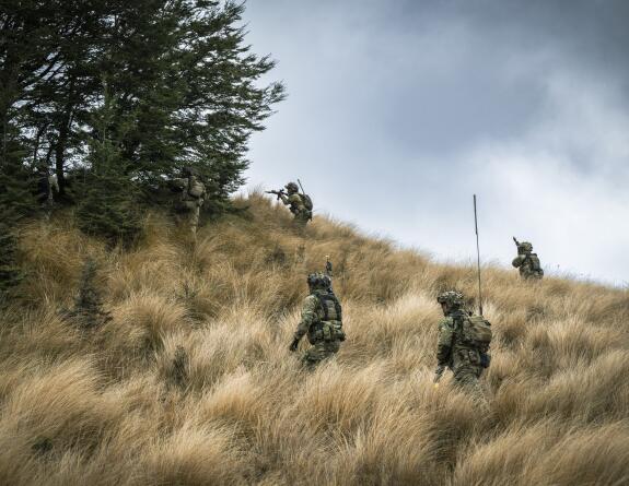 NZ Army infantry soldiers clearing through tussock of Waiouru Military Training Area