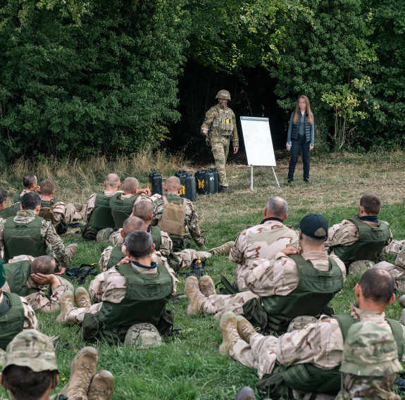 Ukrainian recruits take instruction from NZ Army soldiers in the basic infantry skills such as shooting, combat first aid and fighting in various environments