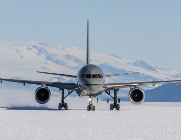 A Royal New Zealand Air Force Boeing aircraft lands on an a ice runway in Antarctica