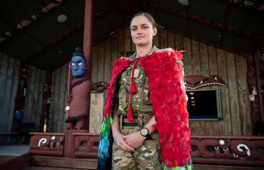 Second Lieutenant Elese Russell will wear the NZDF’s Nga Tapuwae Kahu Huruhuru cloak as flagbearer.