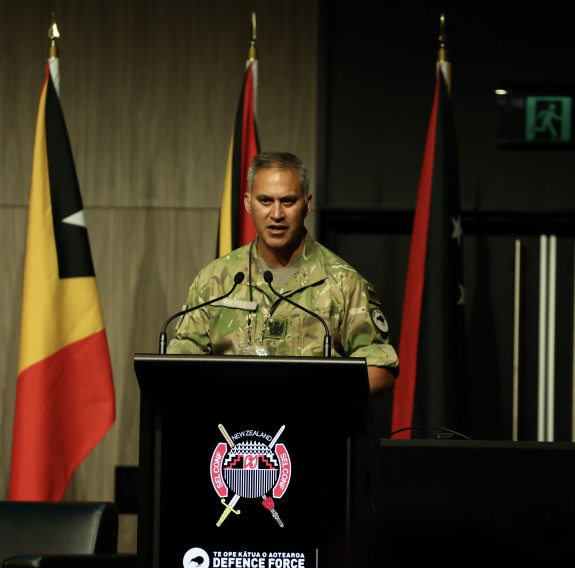 Sergeant Major of the NZ Army, Warrant Officer Class One Wiremu Moffitt adresses SELCON24 attendees