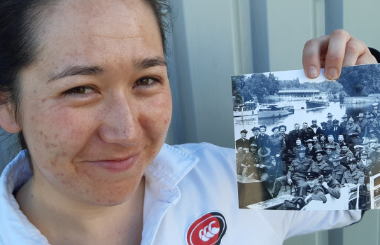 Aircraftman Kyong-ja ‘KJ’ Allan with the photo of her grandfather in the New Zealand military contingent that went to Queen Elizabeth II’s Coronation in 1953.