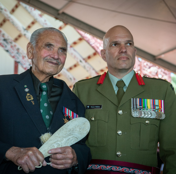 Sir Robert ‘Bom’ Gilles, left, and Colonel Trevor Walker attend the Māori Battalion medal ceremony at Te Papaiouru Marae in Rotorua