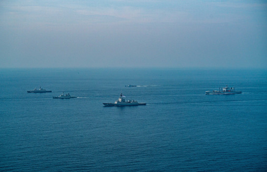 Various ships in the ocean - birds eye view photo