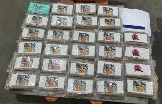 Bricks of cocaine found within duffel bags, on the front of each brick is a picture of a doll.