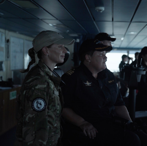 Commanding Officer of HMNZS Canterbury and Commander of Joint Task Group 651.5 on the bridge of HMNZS Canterbury during the pilotage into Lautokoa.
