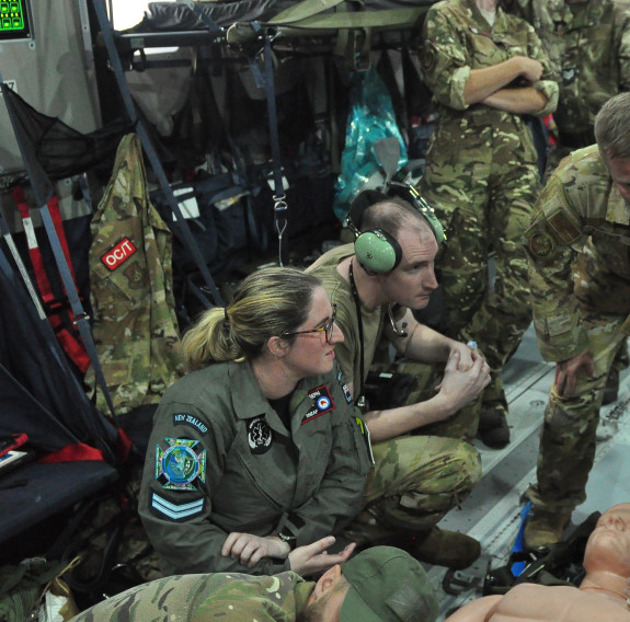 Royal New Zealand Air Force medic, Corporal Heidi Joseph from the Aeromedical Evacuation team on-board a Royal Air Force aircraft during Exercise Mobility Guardian 23.