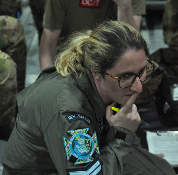 Royal New Zealand Air Force medic, Corporal Heidi Joseph from the Aeromedical Evacuation team on-board a Royal Air Force aircraft during Exercise Mobility Guardian 23.