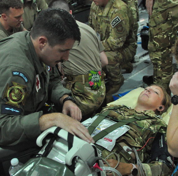 A New Zealand Defence Force Aeromedical Evacuation team on-board a Royal Air Force aircraft during Exercise Mobility Guardian 23.