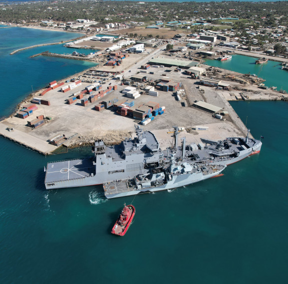 HMNZS Aotearoa and Royal Navy's HMS Spey complete a replenishment at sea (RAS) near Tonga.