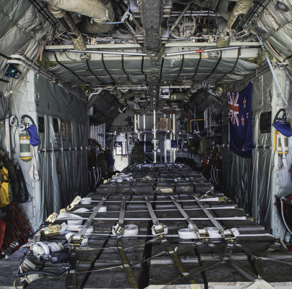 Inside the RNZAF Hercules aircraft before the crew transport military aid between staging centres in Europe
