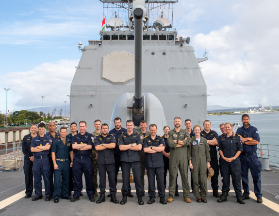 Captain Stephen Lenik, front row centre, and his Sea Combat Command battle staff on board USS Mobile Bay