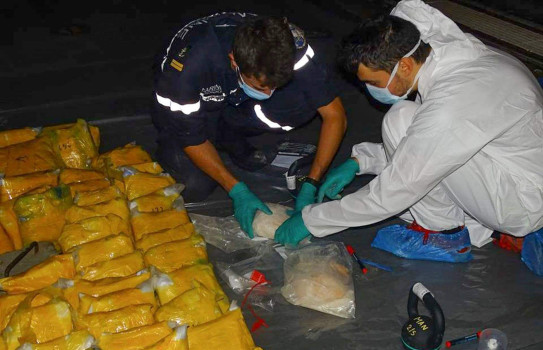 Multiple drug packages lined up on board French ship FS Floreal, as personnel expertly handle them in protective gear.