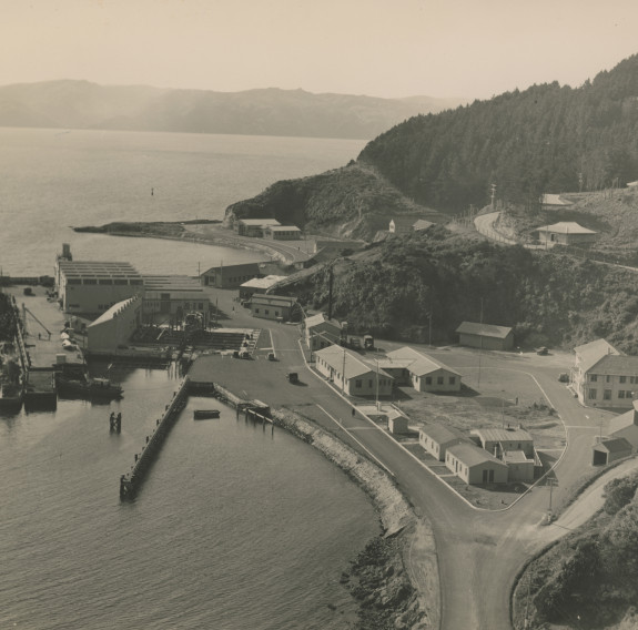 HMNZS Cook looking north, a small collection of buildings on the coastline including a wharf (on the left) and a larger warehouse next to it. Roads are present on the hill line (right).