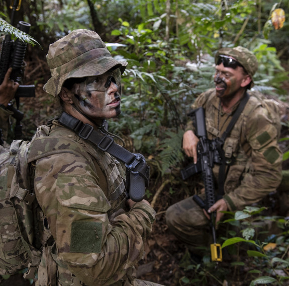 Officer Cadet Jasmine Hill out in the Nausori Highlands in Fiji undertaking a close-country exercise