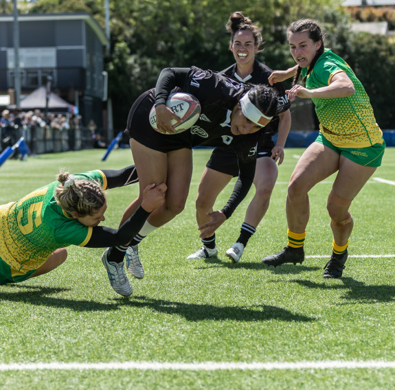 Deena Puketapu with captain Hayley Hutana in support scores a try in the semi-final game against Australia as the Defence Ferns secure a spot to play in the final of the IDRC